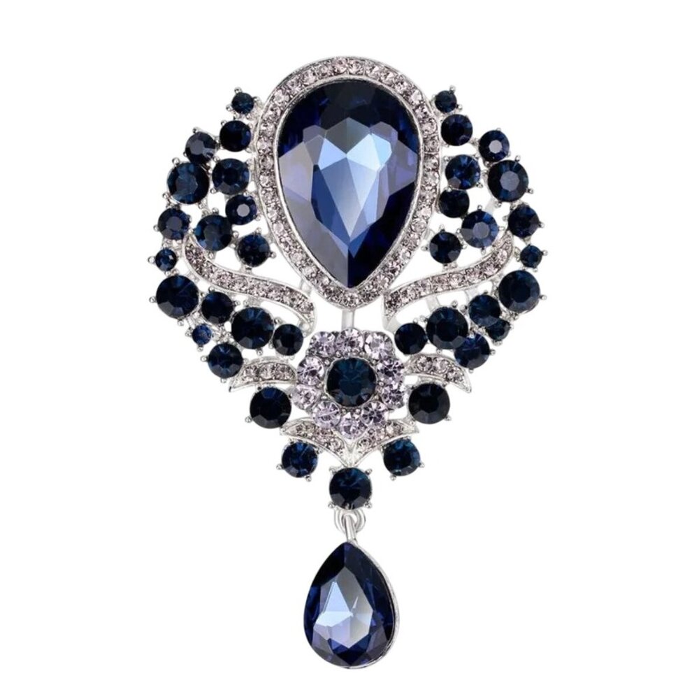 Victorian Style Dark Blue Rhinestone Brooch Teardrop Pendant Silver Tone
